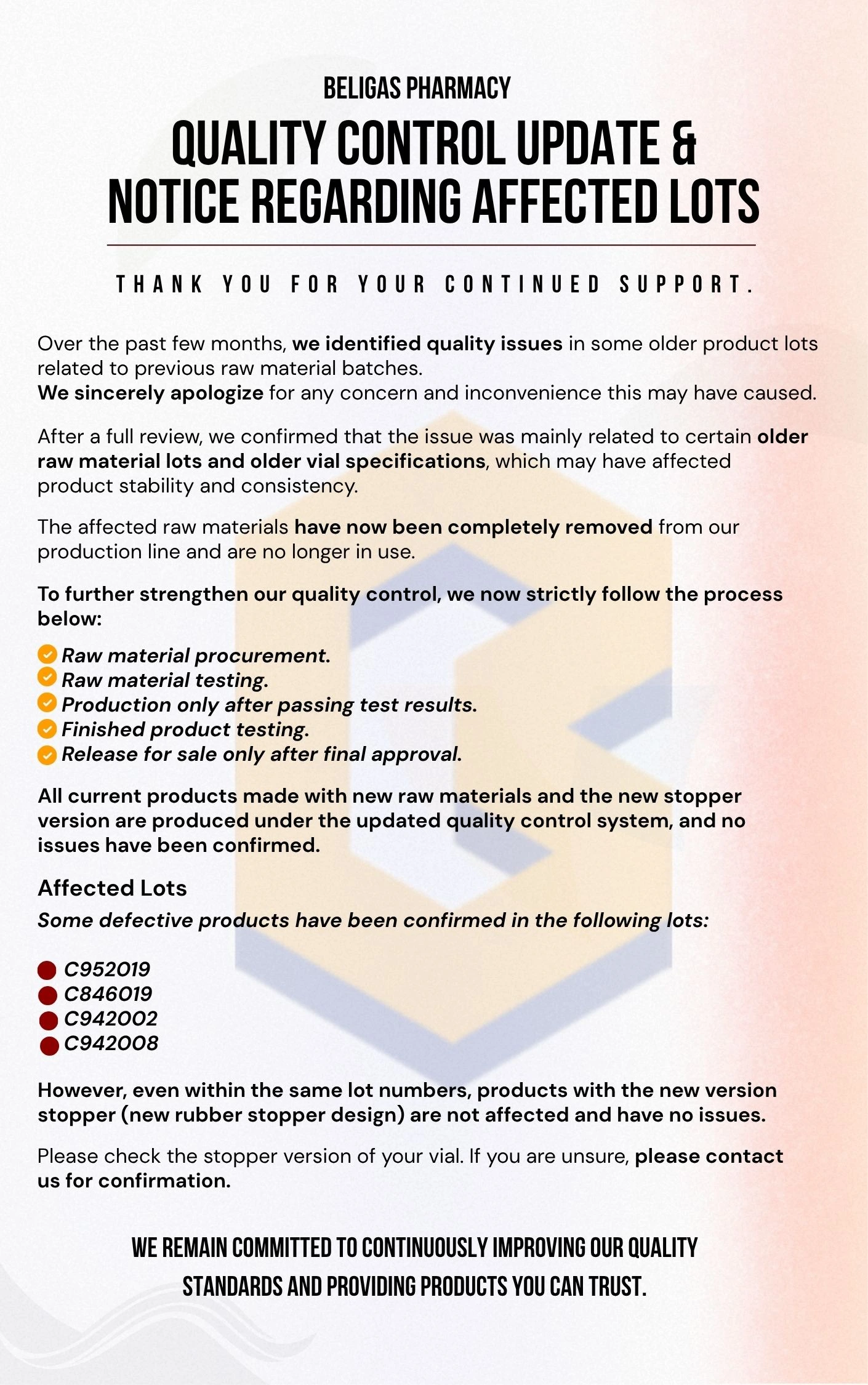 quality control update & notice regarding affected lots (1)